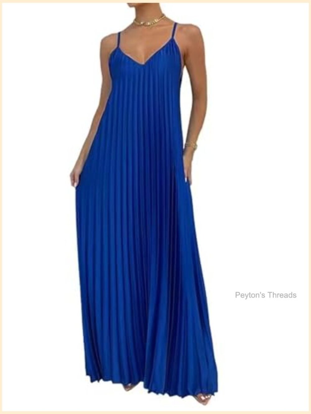 V Neck Sleeveless Pleated Flowy Maxi Dress with Adjustable Straps - Picture 4 of 7